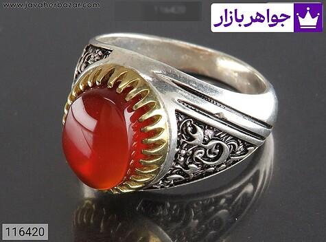 انگشتر نقره عقیق یمنی قرمز مردانه تاج برنجی [یا علی مدد] - 116420